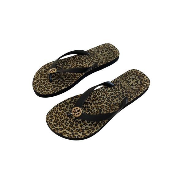 Tory Burch Shoes - Tory Burch Womens Brown Black Leopard Wildlife Print Slip On Flip Flops Size 7.5